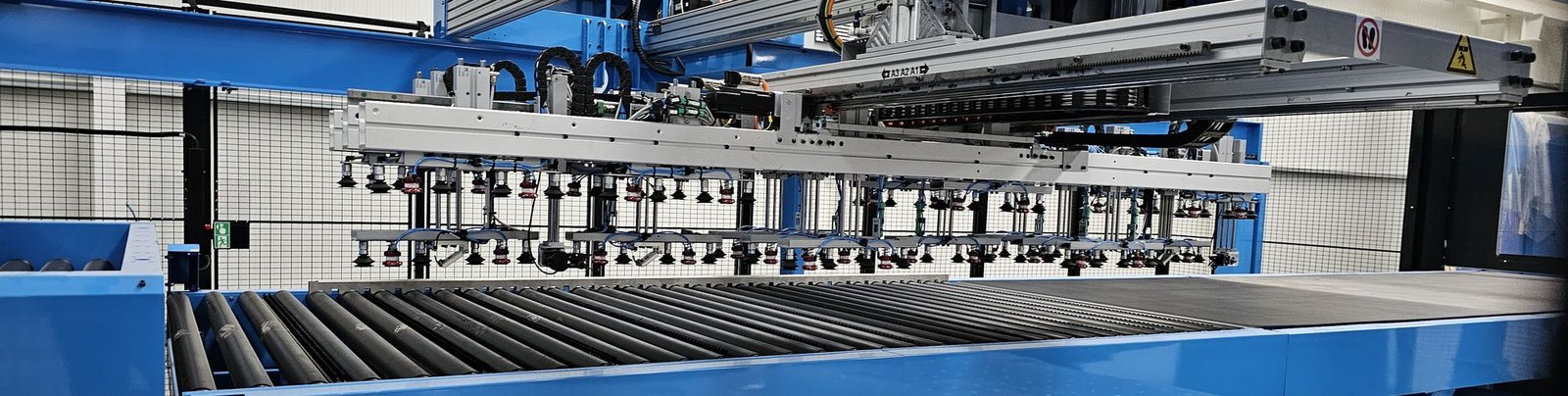 Robot cartesiano con ventosas sobre un transportador de rodillos